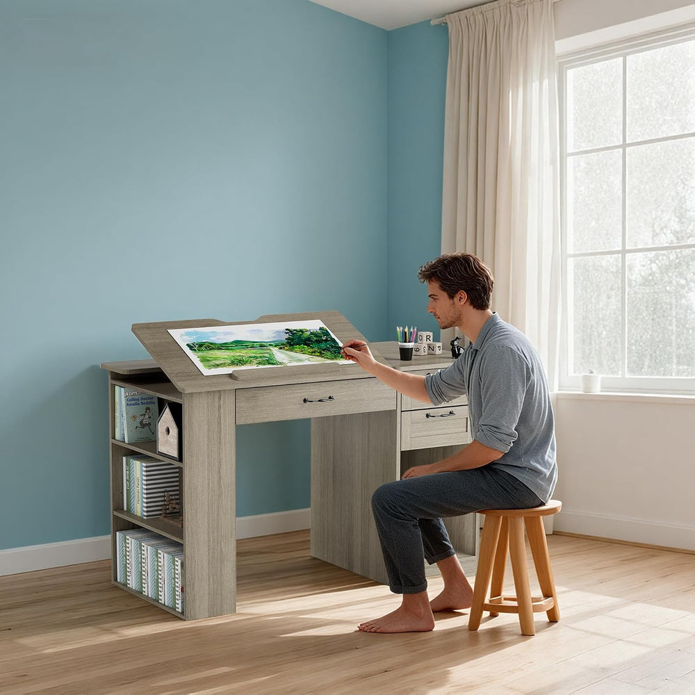 Drafting Table with Storage Cabinet & Drawers, Adjustable Drawing Table w...