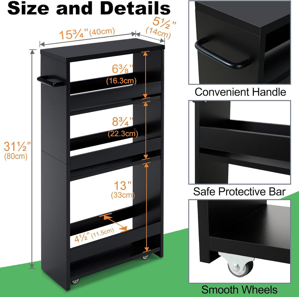 MARTY Slim Rolling Storage Cart 4-Tier Kitchen Cart with Wheels, Laundry Room Storage with Handle Slide Out Utility Cart Shelving Unit Organizer Trolley for Narrow Places Bathroom Small Corner, Black