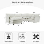 ROWHY 113'' Modular Sectional Cloud Corner Couch, 5 Seater L Shape Sofa Big Comfy Corduroy Oversized Couch with 2 Pillows Movable Ottoman, Deep Seat Sectional Couches for Living Room Office Light Grey