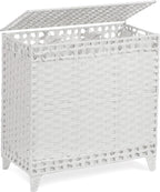 Laundry Hamper with 3 Removable Liner Bags; 132L Handwoven Rattan Laundry Basket with Lid & Heightened Feet; Clothes Hamper with Side Handles; Laundry Sorter with 3 Separate Sections (White)