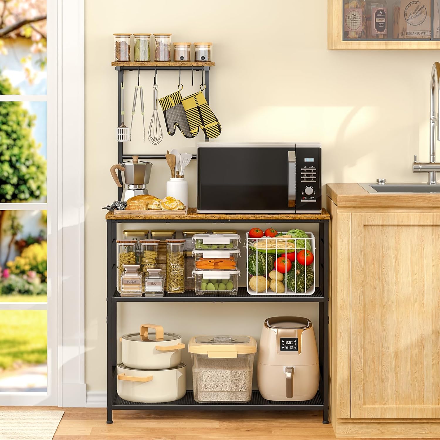 3IngSeagulls Bakers Rack with Storage, Kitchen Microwave Stand with Adjustable shelf and 6 S Hooks, 4-Tier Coffee Station Table, Kitchen Shelves for Spices, Pots, Rustic Brown