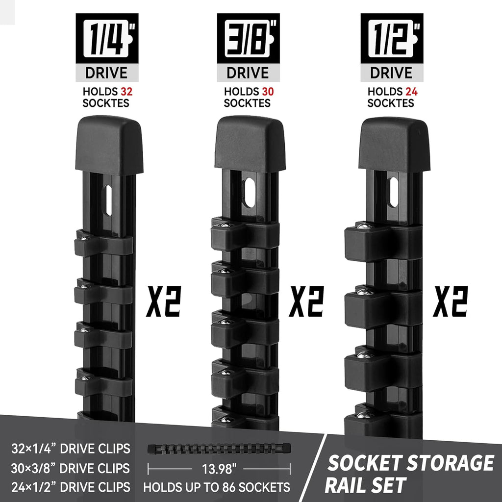 Socket Organizer Drive ABS Tools - Black Socket Holder, Premium Quality 6 Pieces Socket Holders Kit 1/4-Inch x 32 Clips, 3/8-Inch x 30 Clips, 1/2-Inch x 24 Clips（6PC,Black)