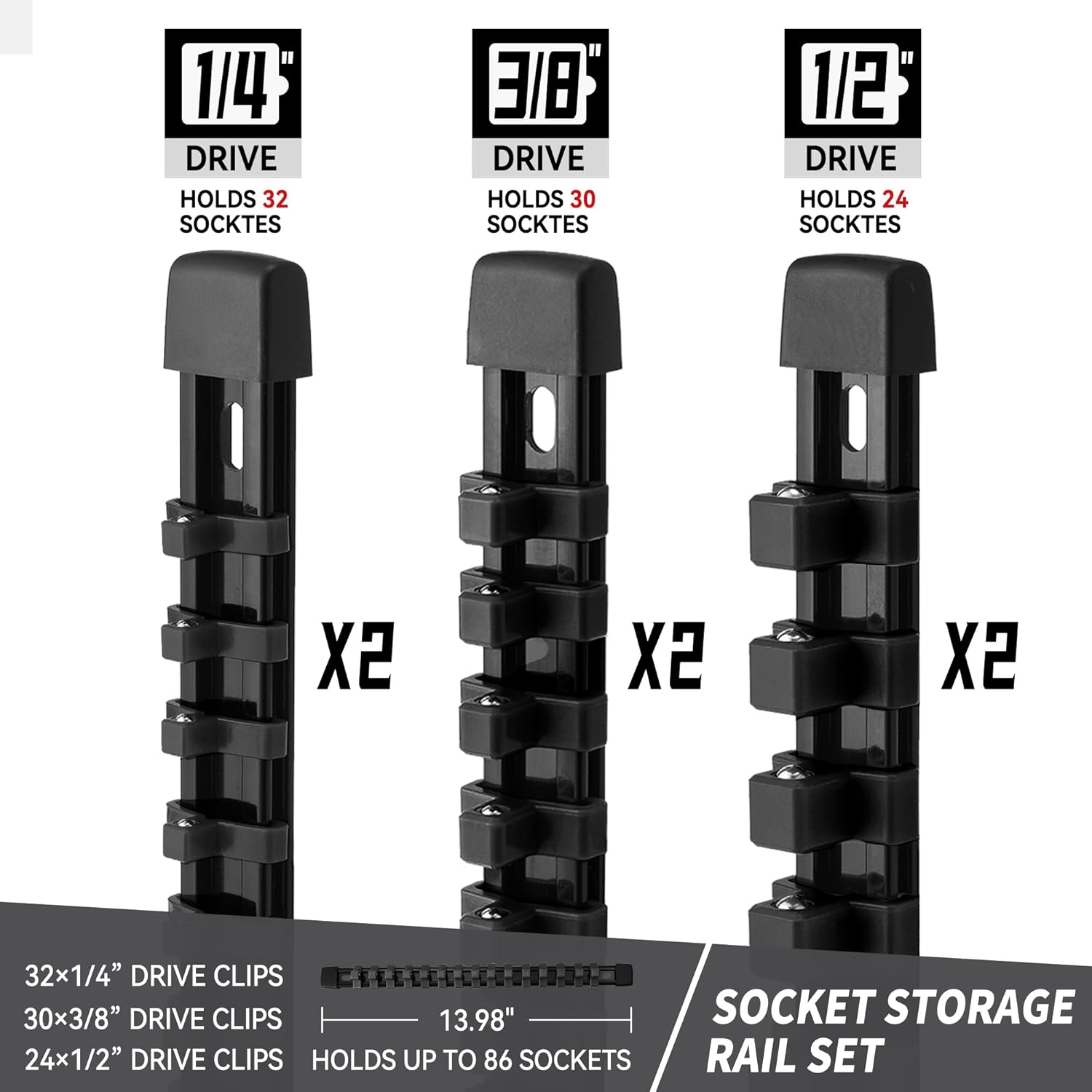Socket Organizer Drive ABS Tools - Black Socket Holder, Premium Quality 6 Pieces Socket Holders Kit 1/4-Inch x 32 Clips, 3/8-Inch x 30 Clips, 1/2-Inch x 24 Clips（6PC,Black)