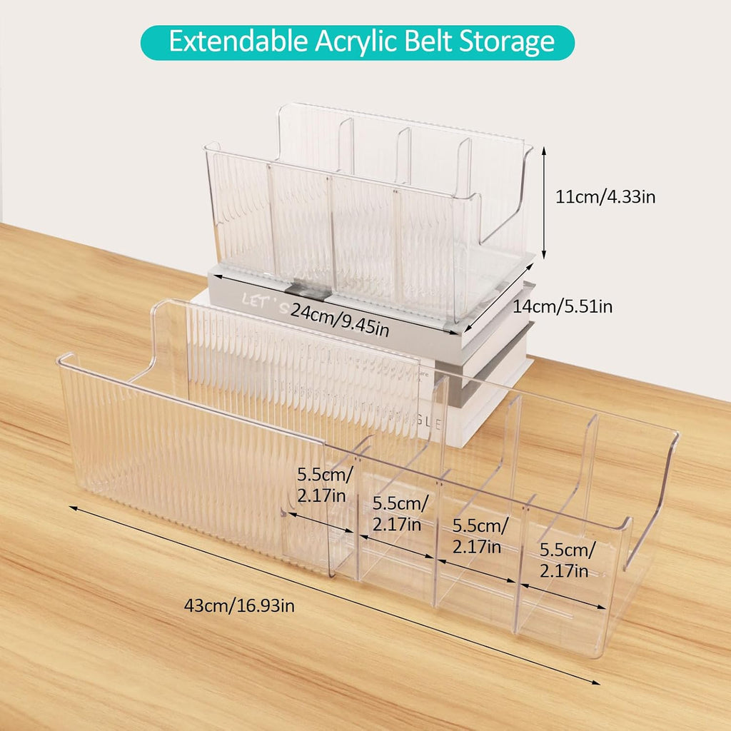 Clear Belt Organizer, Extendable Acrylic Belt Storage Holder with Adjustable Dividers, Belts Storage Container for Drawer and Closet Organization