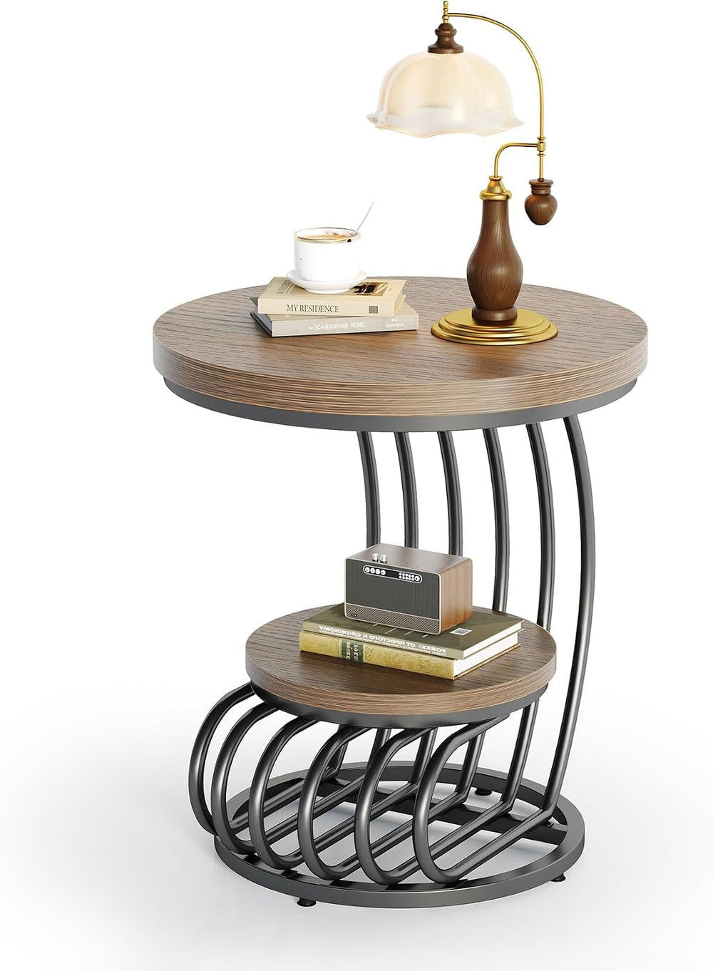 LITTLE TREE Round Side Table, Wood End Table with 2-Tier Storage Shelf, Accen...