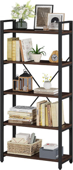 5 Tier Industrial Bookshelf, Rustic Etagere Bookcase for Display, Vintage Shelving Unit Wood and Metal Tall Book Shelves for Home Office (Dark Walnut)