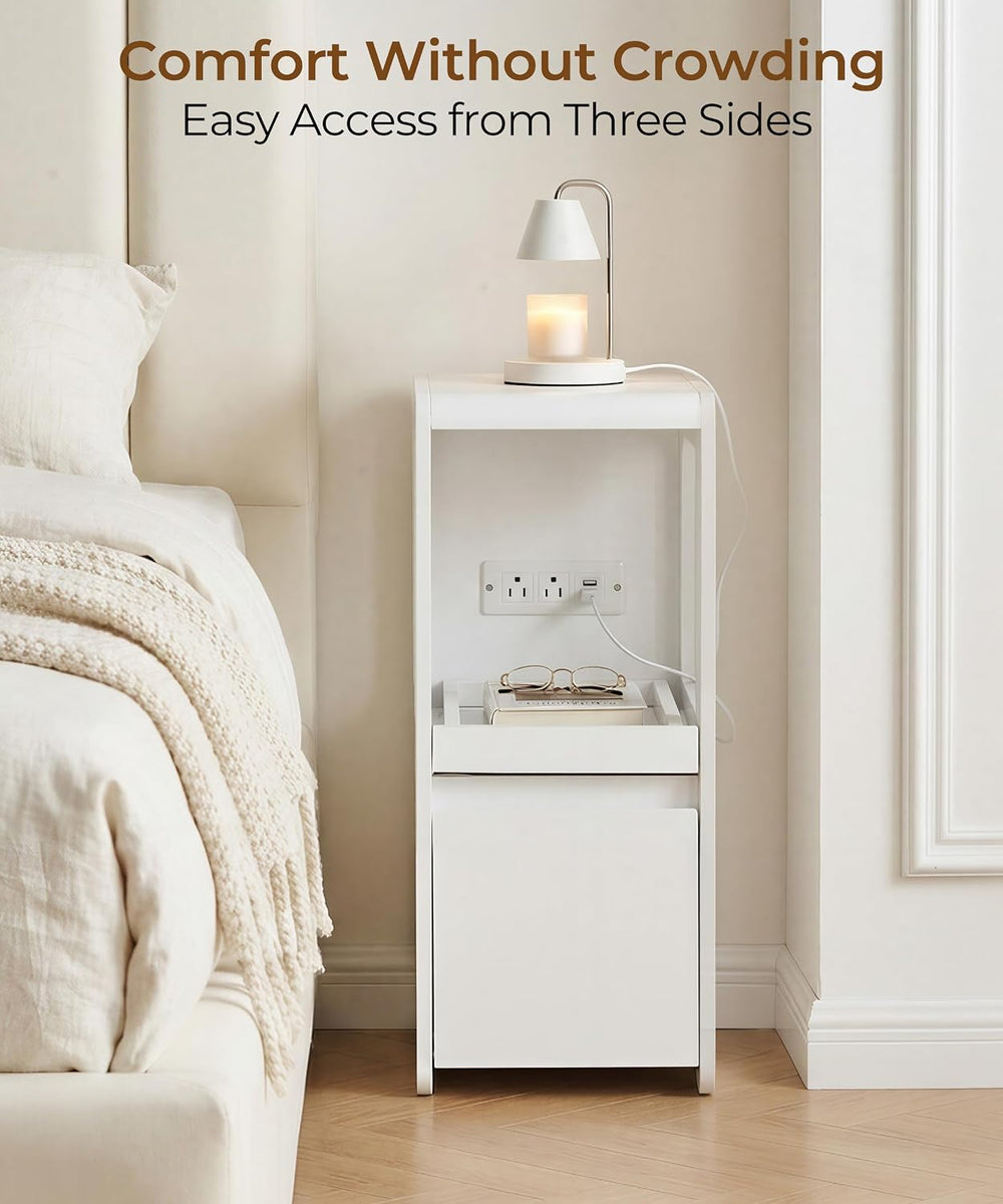 Narrow Side Table Small End Table with Charging Station White Skinny End Tabl...