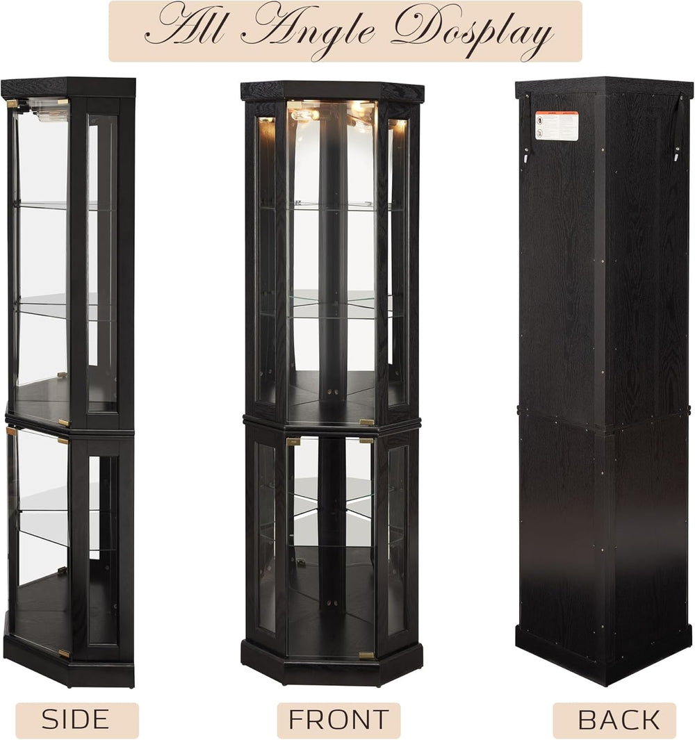 Corner Curio Cabinet, 70" H Lighted Glass Display Cage with Tempered Gla...