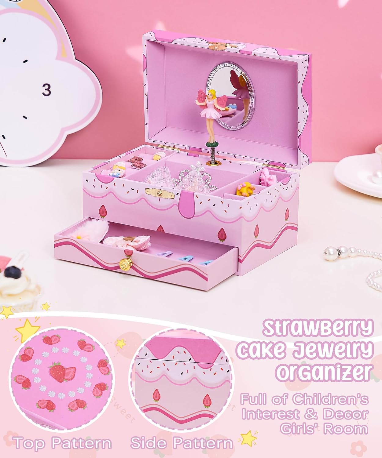 Homde Musical Jewelry Box for Girls: 2-Layer Spinning Fairy Organizer | Storage for Ring Necklace - Birthday Christmas Gift for Girls Ages 3 to 12 - Spinning Fairy Plays Melody When Lid Opens