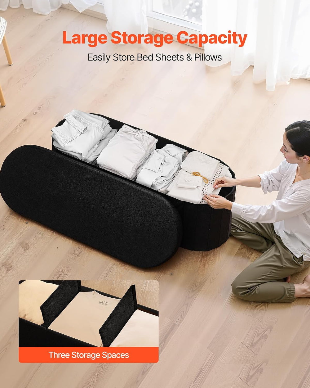VEVOR Oval Storage Ottoman Bench, Foldable Teddy Fleece End of Bed Bench, Fol...