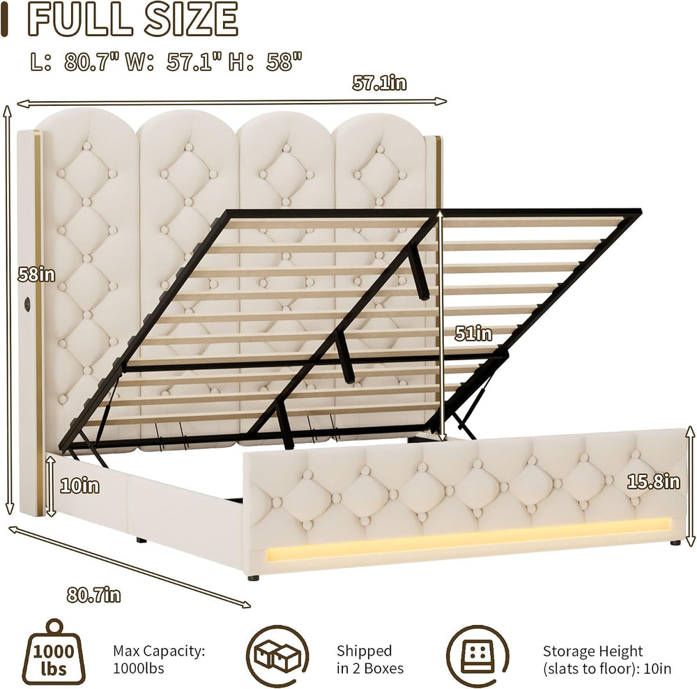 58" Tall Hydraulic Lift Up Storage Bed Frame Full Size, Beige