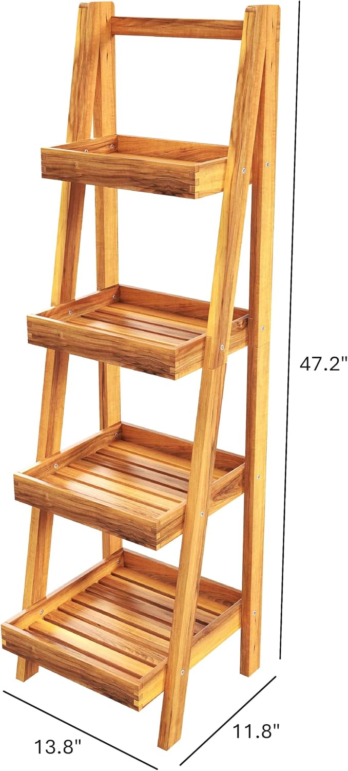 4-Tier Acacia Wood Display Ladder Shelf, Rustic Storage Stand for Fruits, Beverages, Snacks