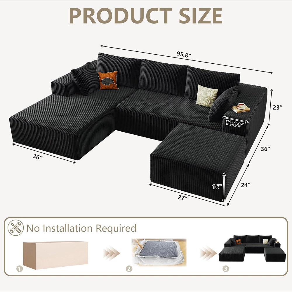 96" Cloud Sectional Couch with U-Shaped Chaise, Corduroy Sectional Sofa ...