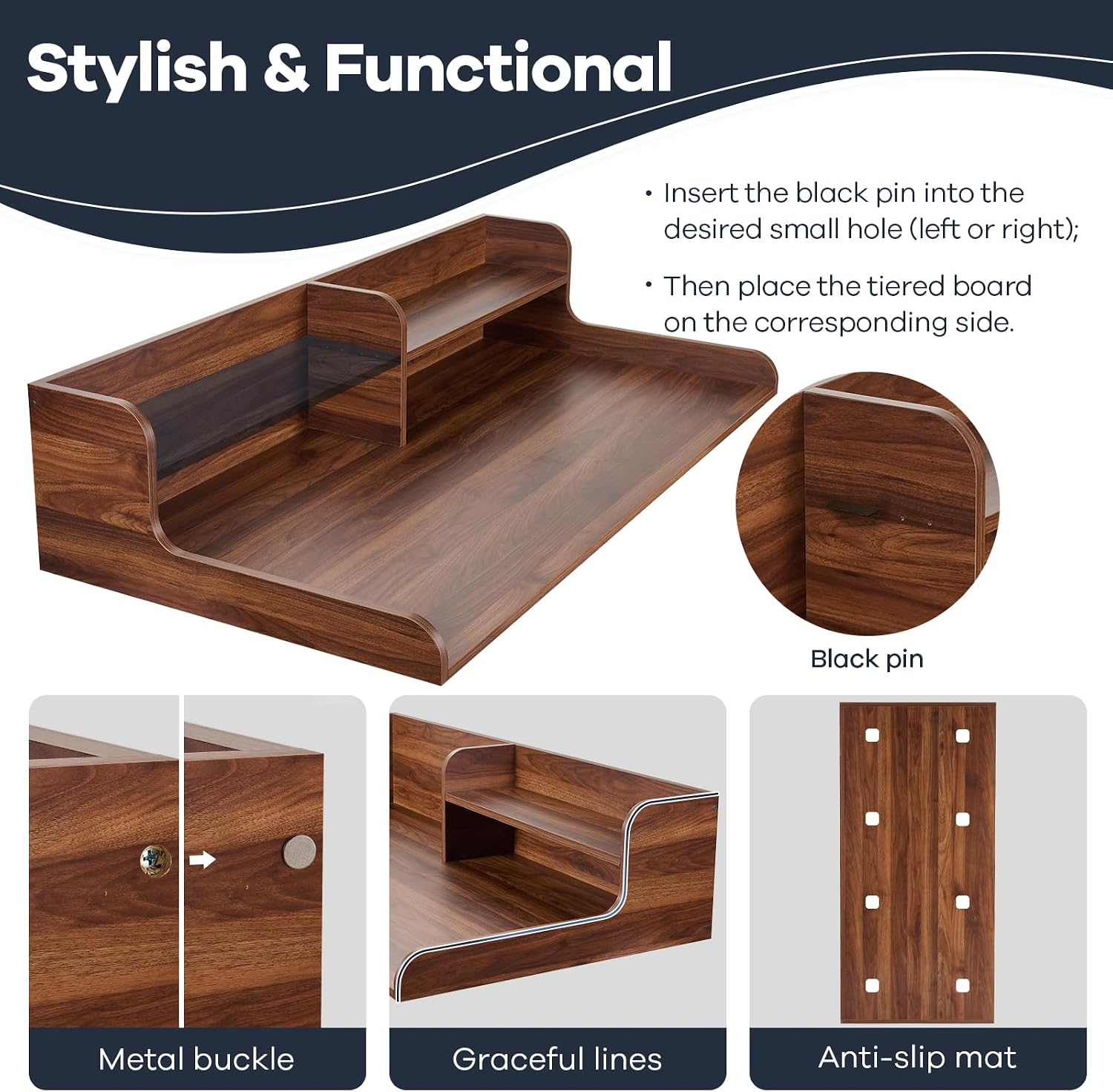 Kaboon Washer Dryer Countertop 2 Tier 58 inches Wide, Laundry Shelf Topper with Edge, 58" W x 28" D x 12" H Laundry Space Organizer, Dark Walnut