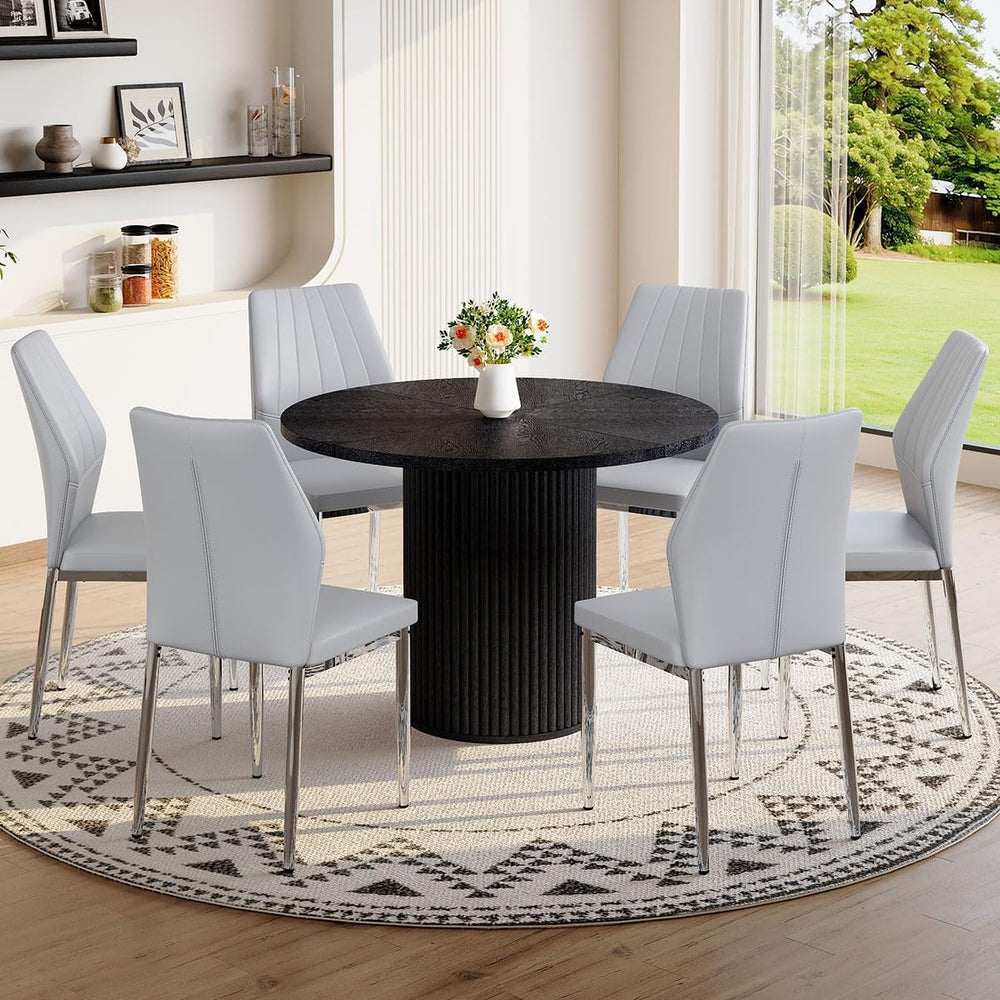 Round Dining Table Set for 6, Black Kitchen Table Set for 6 with 42''...
