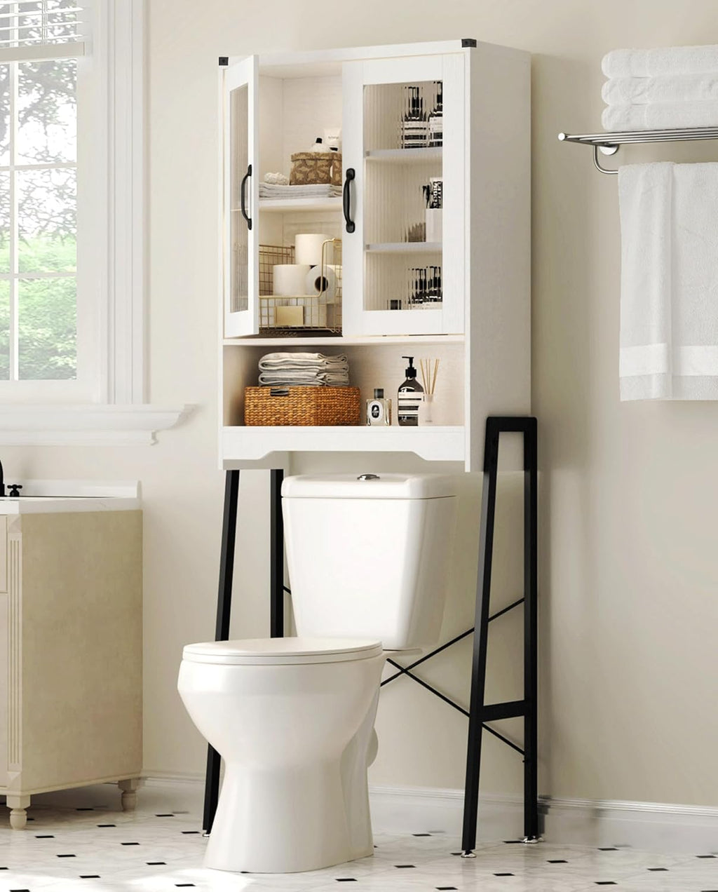 Over The Toilet Storage Cabinet with Tempered Glass Doors & Metal Stand, Over Toilet Organizer with Adjustable Shelf Space Saver Over Toilet , Tall Freestanding Shelf/Rack for Bathroom, Modern, White