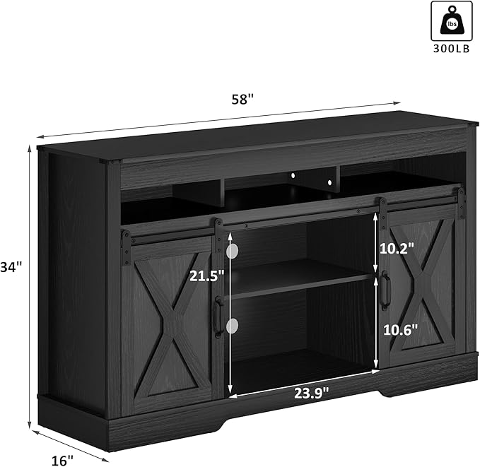 Farmhouse TV Stand with Sliding Barn Door for TVs up to 65+ Inch, 34" Tall Entertainment Center, Wood Media Console Storage Cabinet for Bedroom, Living Room, Black