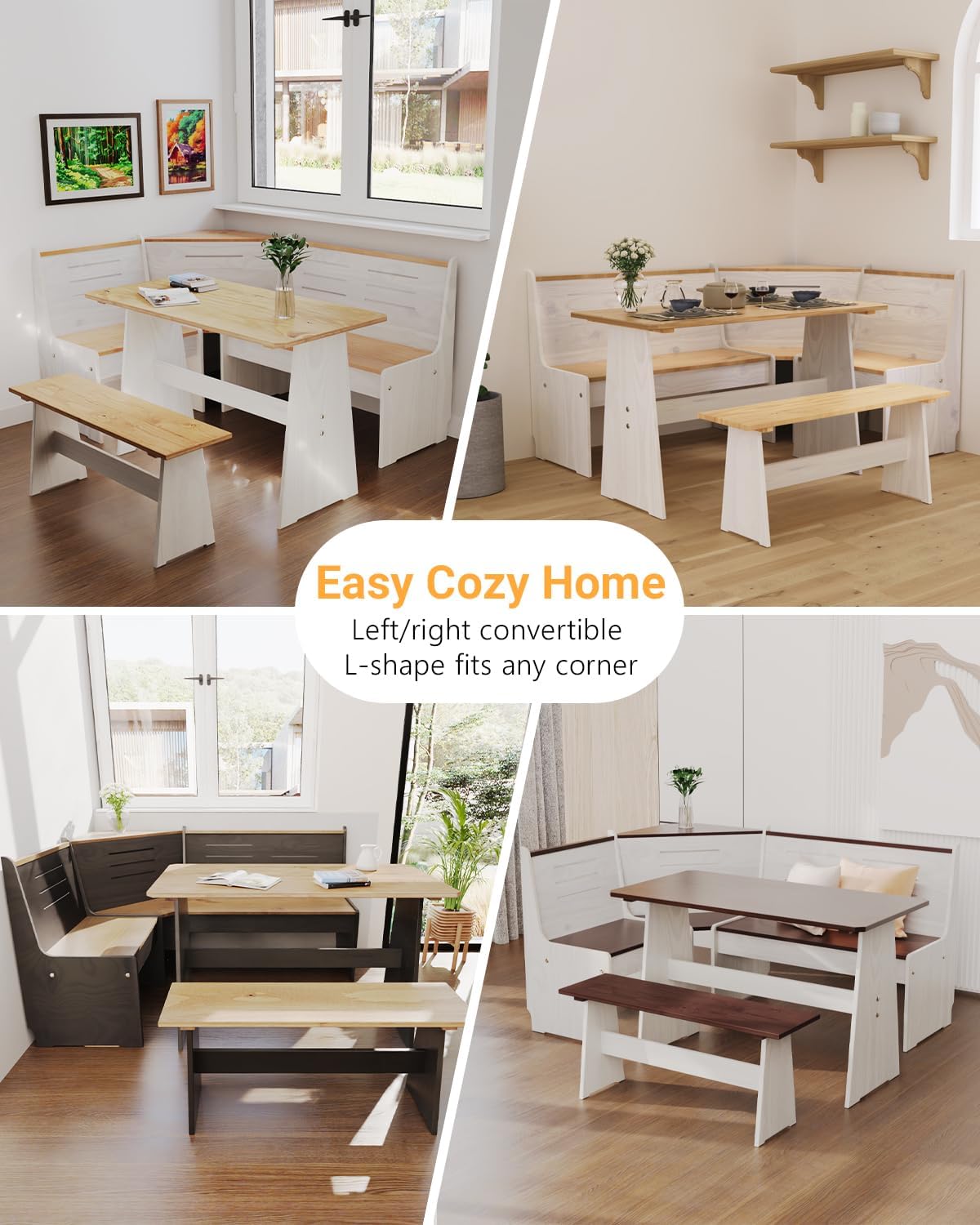 Breakfast Nook Table Set - Reinforced Packaging - Corner Kitchen Dining Table Set for 4-6 People, Solid Pine Wood with L-Shaped Bench Modern Farmhouse Dining Room Set, Coal Black