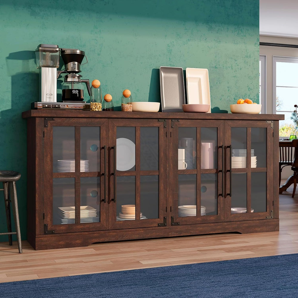 LUXOAK 63" Farmhouse TV Stand with 4 Glass Doors and Storage, Espresso |...