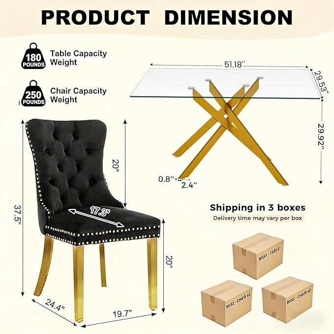 51 Inch Glass Dining Table Set for 4, Rectangular Glass Kitchen Table with 4 Upholstered Velvet Accent Chairs, 5 Piece Modern Dining Room Set, for Home, Apartment, Small Spaces - Black Gold
