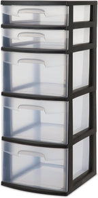 5-Tier Storage Drawer,with Both Shallow and Deep Clear Plastic Storage Organizer Drawer Tower，Suitable for Bedroom,Bathroom and Office Organization Black