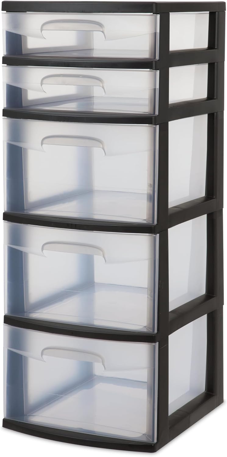 5-Tier Storage Drawer,with Both Shallow and Deep Clear Plastic Storage Organizer Drawer Tower，Suitable for Bedroom,Bathroom and Office Organization Black