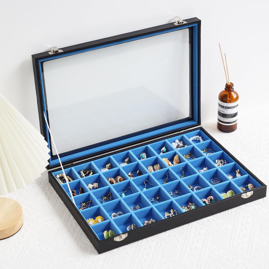 Stratalife Jewelry Organizer 40 Grid Blue Black Jewelry Tray with Clear Dust-proof Lid Velvet Earring Organizer Necklace Rings Holder Display Drawer Storage Case for Women