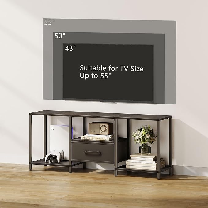 TV Stand with Fabric Drawer for 55 Inch TV, Entertainment Center with Open Sh...
