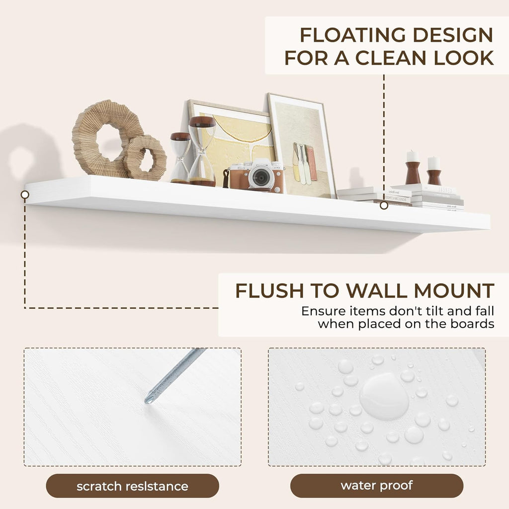 RICHFOCUS 72Inch Floating Shelves for Wall 2 Pack Shelves for Bedroom|Kitchen|Bathroom Wall Mounted Rustic Wood Floating Shelf with Invisible Brackets for Books|Storage|Decor, White