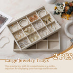 Large Velvet Jewelry Tray 2 Pack Stackable Jewelry Display Drawer Inserts Trays Organizer for Earring Bracelet Necklace Ring (Beige, 12 Grids)