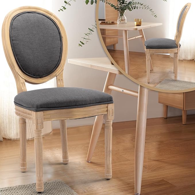 Upholstered Dining Chairs Set of 6 French Country Oval Fabric Back Kitchen Side Chair with Wood Legs for Dining Room, Kitchen, Restaurant(Dark Grey-Fabric)