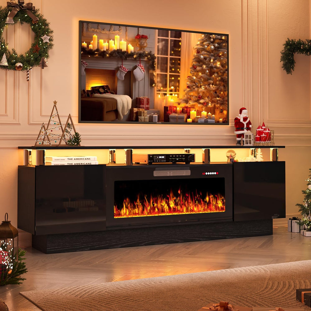 70" Fireplace TV Stand, Entertainment Center with 8 Stainless Steel, Bla...