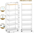 6 Tier Tall Purse Organizer for Closet, Large Capacity Bag Organizer with 12 Hooks, Rolling Purse Rack Stand with Lockable Wheels & Wooden Top, Heavy Duty Handbag Storage Shelf for Bedroom Entryway