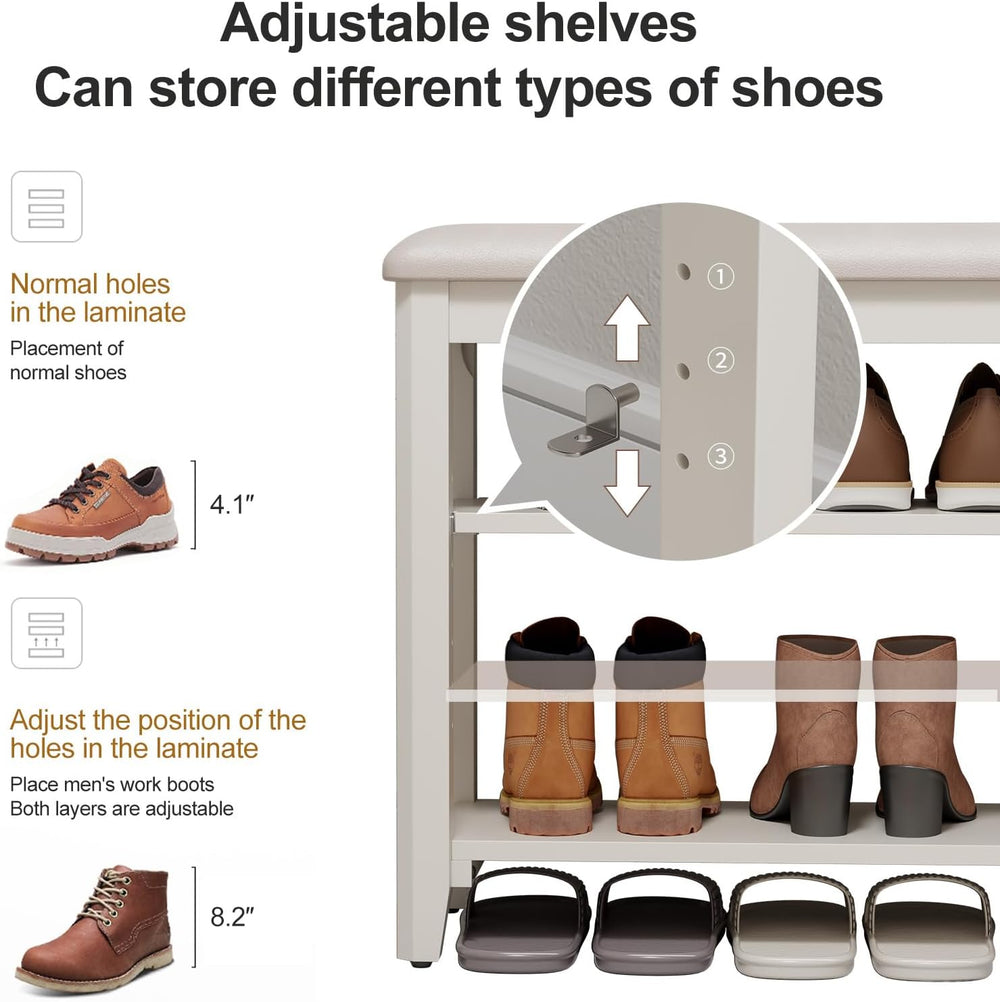 AQIMUELE Shoe Bench with Leather Cushion, 3 Tiers Shoe Storage Bench Height A...