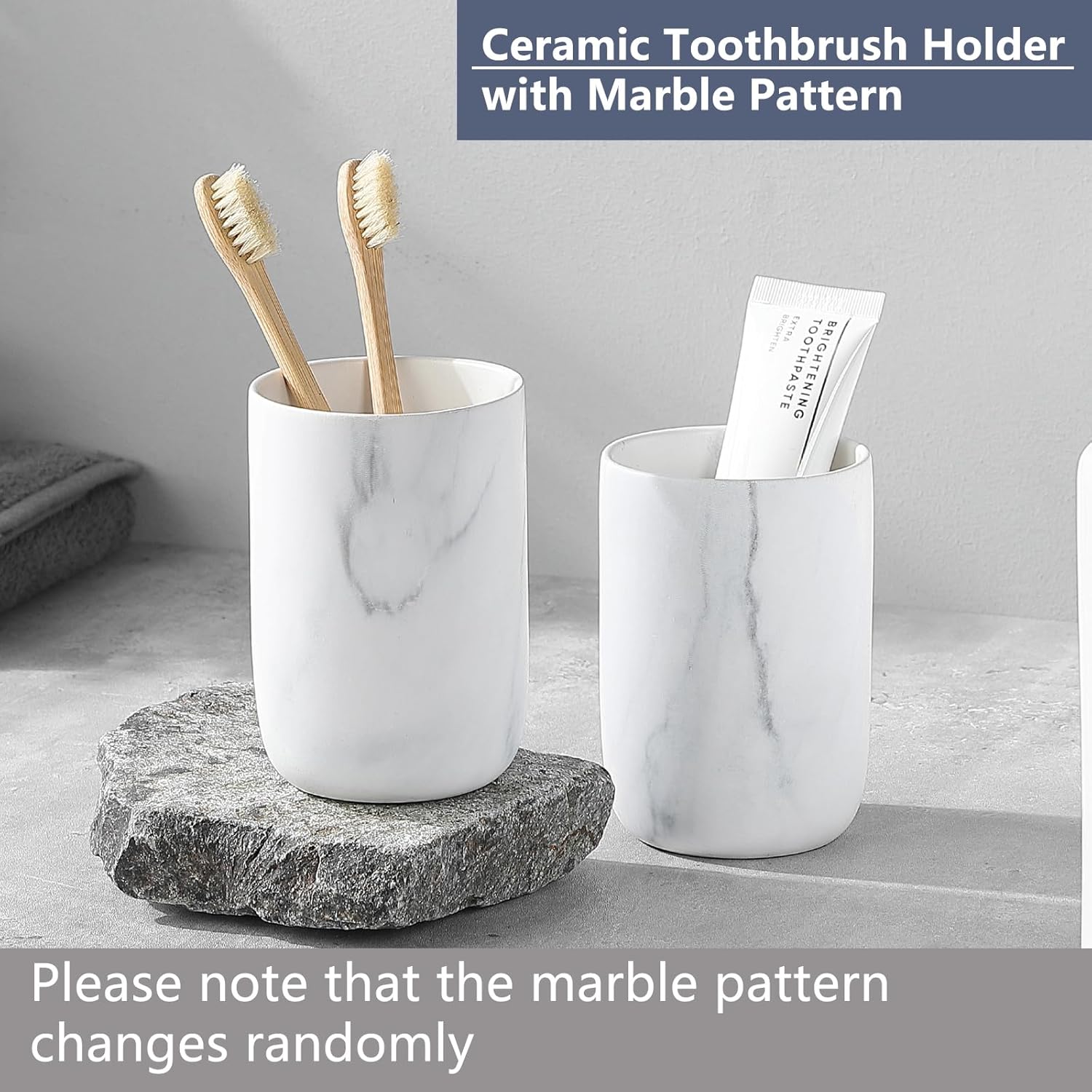 Marble Toothbrush Holders - 2 Ceramic Toothbrush Holders for Bathrooms Toothbrush Toothpaste Holders Set, White Bathroom Tumbler Cups Reusable Toothbrush Mouthwash Cup, Bathroom Counter Organizer.