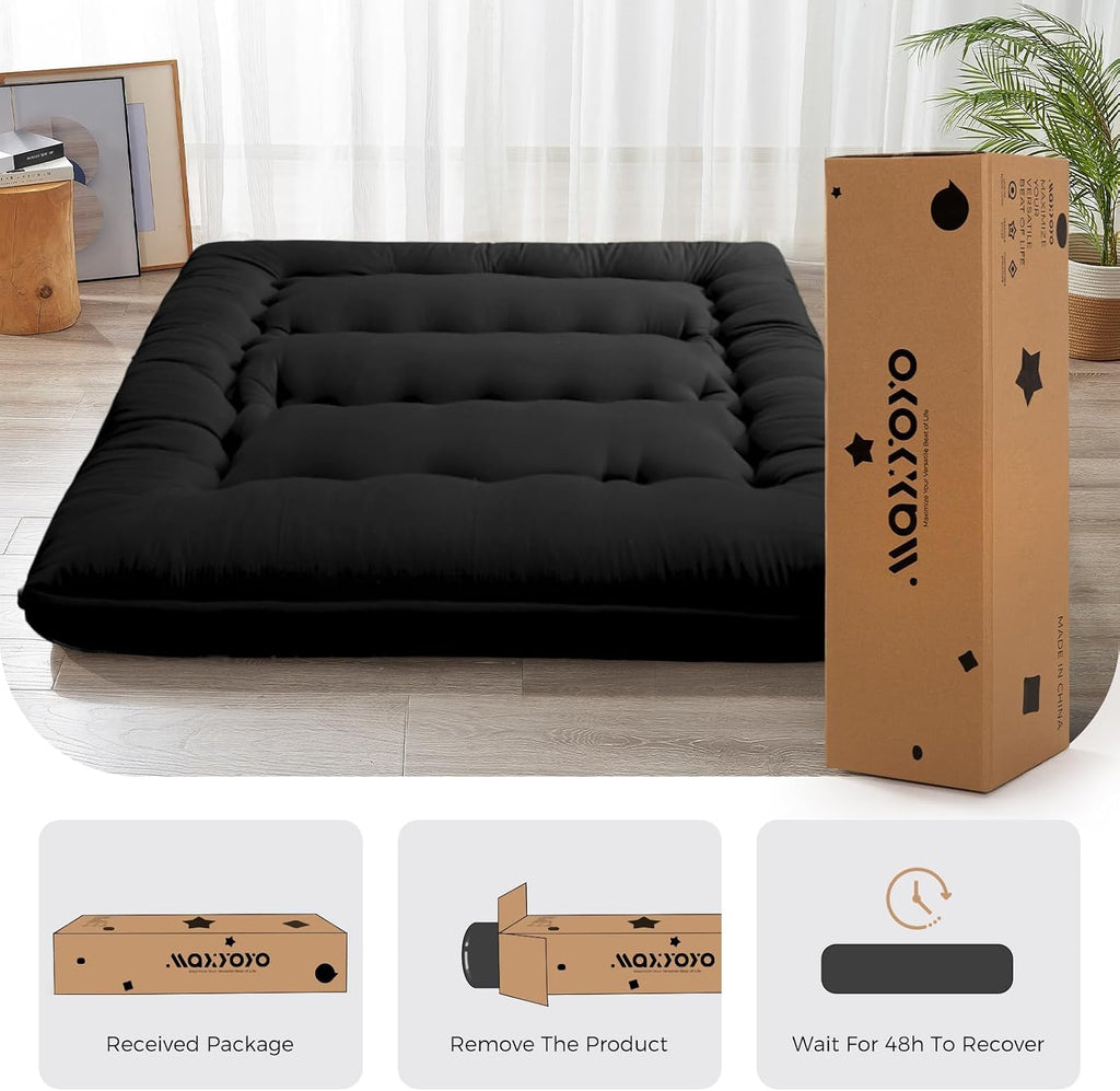 MAXYOYO 6" Extra Thick Japanese Floor Mattress Queen Folding Futon Mattress | Foldable Tatami Pad for Adults, Roll Up Floor Mat for Living Room Guest Room RV, Black