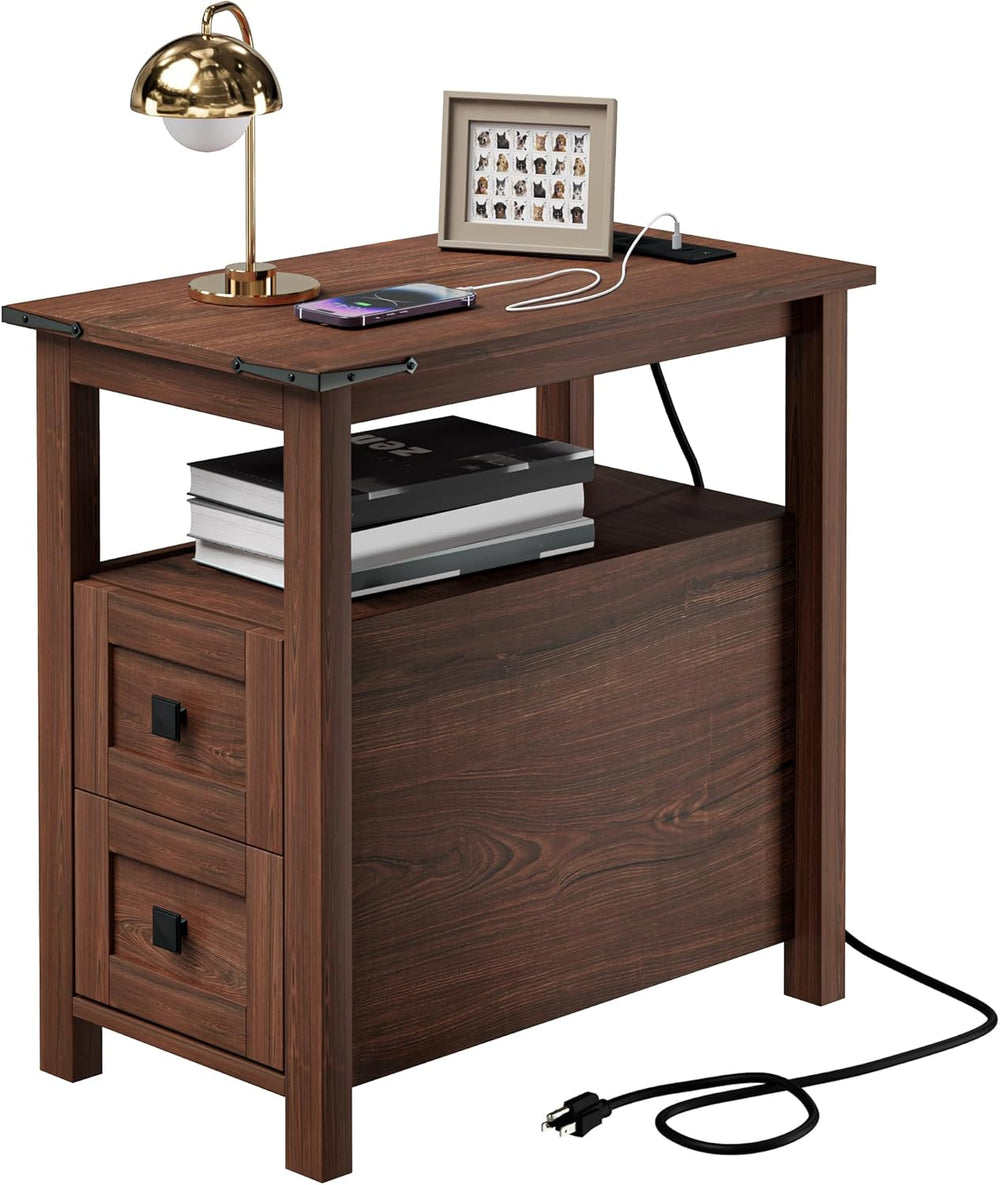 VVFLU Farmhouse End Table with Charging Station and 2 Storage Drawers, Cherry...