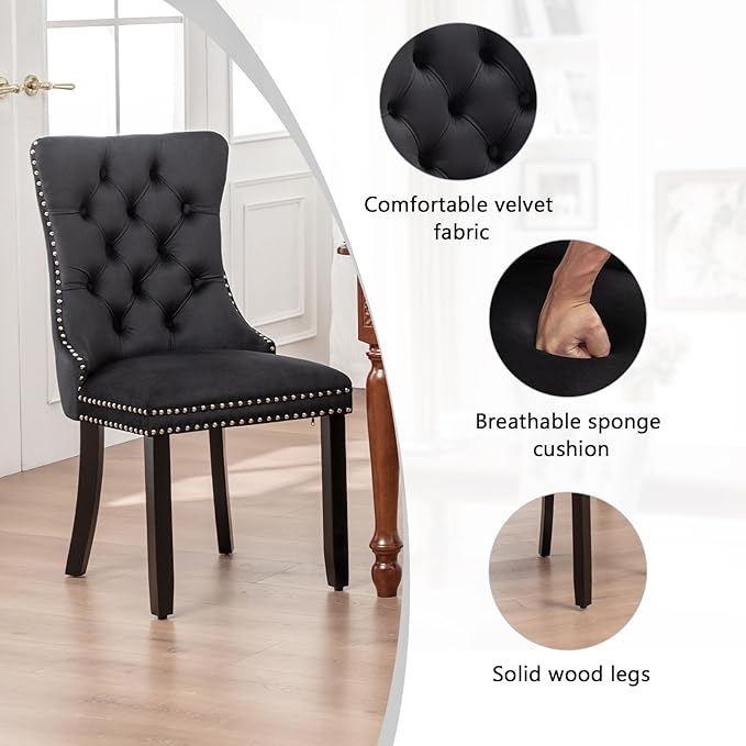 Velvet Dining Chairs Set of 6,Upholstered Dining Chairs with Ring Pull Trim and Button Back,Modern Seating for Kitchen, Bedroom & Living Room(Black)