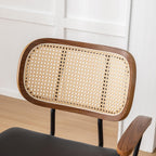 Rattan Dining Room Chairs Set of 4,Mid Century Modern Kitchen Side Chairs,Metal Legs Desk Chair,Faux Leather Accent Chair with Arms and Rattan Backrest Black PU
