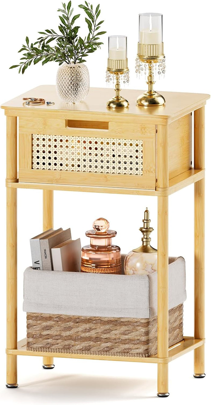 Bamboo Nightstand, Boho Side Table with Drawer and Open Shelf, 3 Tier End Table, Bedside Table, Accent Table, Small Dresser for Bedroom, Dorm and Small Spaces, Natural