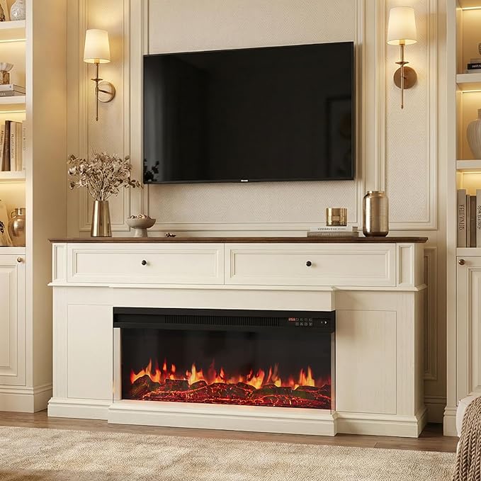 63" Farmhouse TV Stand with Fireplace for TVs up to 70", Media Entertainment Center with Adjustable Shelves, Farmhouse TV Console for Living Room, White & Black