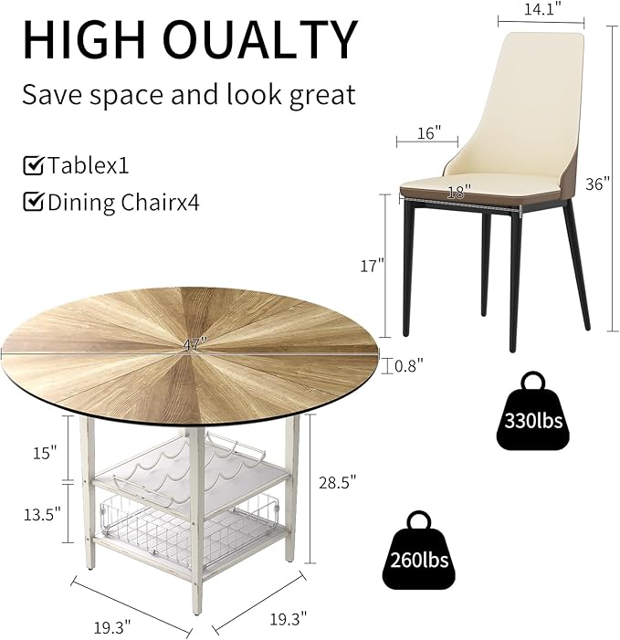 VFK 47 Inch Round Dining Table Set for 4-6 People, Large Farmhouse Kitchen Dining Table Set with Chairs and Storage Rack, Metal Base Round Table for Home Dining Room Living Room