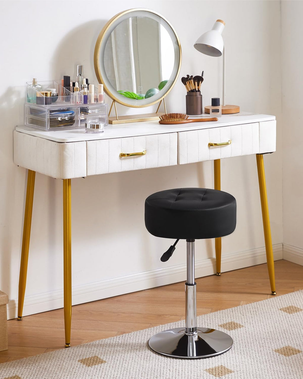 IBUYKE Height Adjustable 360°Swivel Vanity Stool Chair, Black WBD025B | Tufted Round Makeup Room Faux Leather Bathroom Living Room Modern Ottoman