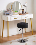 IBUYKE Height Adjustable 360°Swivel Vanity Stool Chair, Black WBD025B | Tufted Round Makeup Room Faux Leather Bathroom Living Room Modern Ottoman