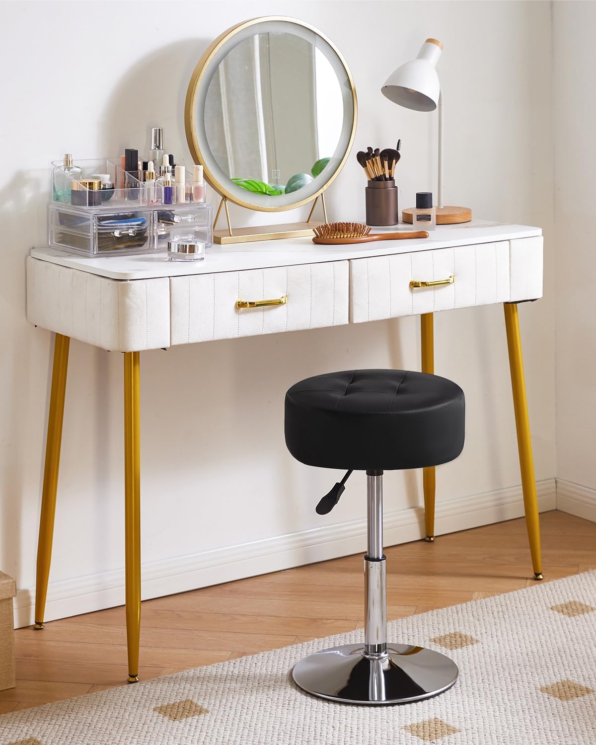 IBUYKE Height Adjustable 360°Swivel Vanity Stool Chair, Black WBD025B | Tufted Round Makeup Room Faux Leather Bathroom Living Room Modern Ottoman