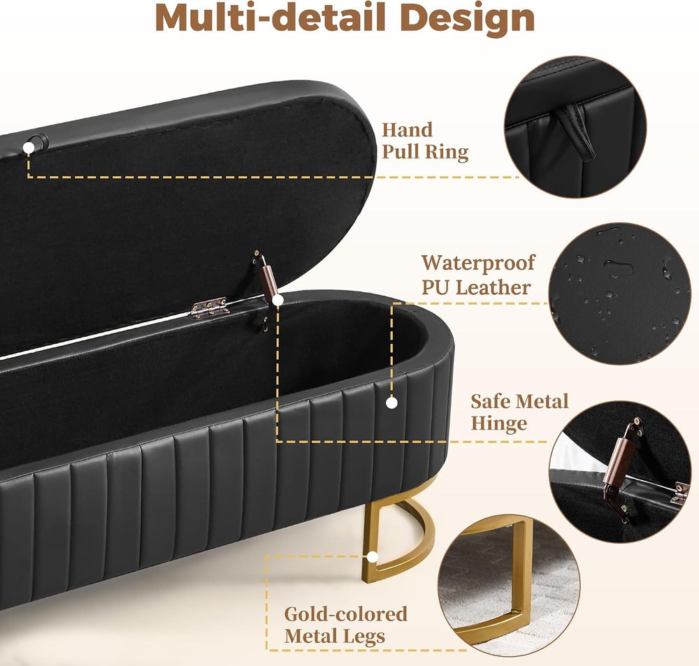 Storage Ottoman Bench, 63" Faux Leather End of Bed Bench Bedroom Bench K...