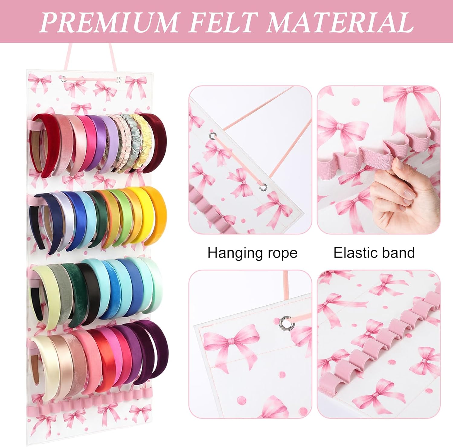 Tudomro Hanging Headband Holder for Girls Felt Hair Accessories Organizer with 60 Elastic Bands Bow Hanger for Girls Hair Bows Without Headbands (Pink,Bow)