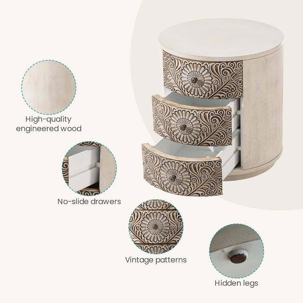 SUNBURY Round Night Stand Set of 2, Farmhouse Bedside Table, Farmhouse End Ta...