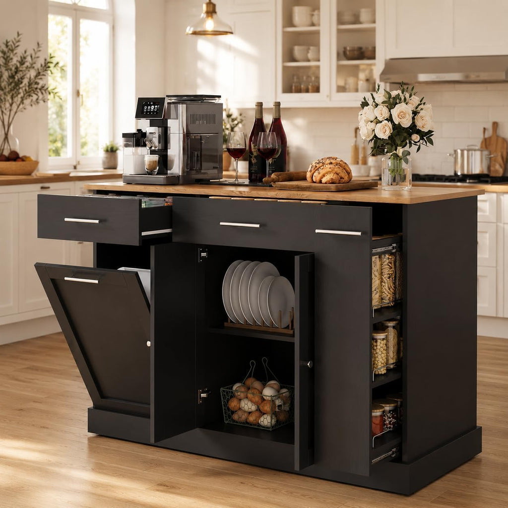 4 EVER WINNER 53" Kitchen Island Cart with Hidden Trash Storage, 3-Tier Spice Rack & Adjustable Shelves, Mobile Kitchen Counter on 5-Wheel Casters, Black