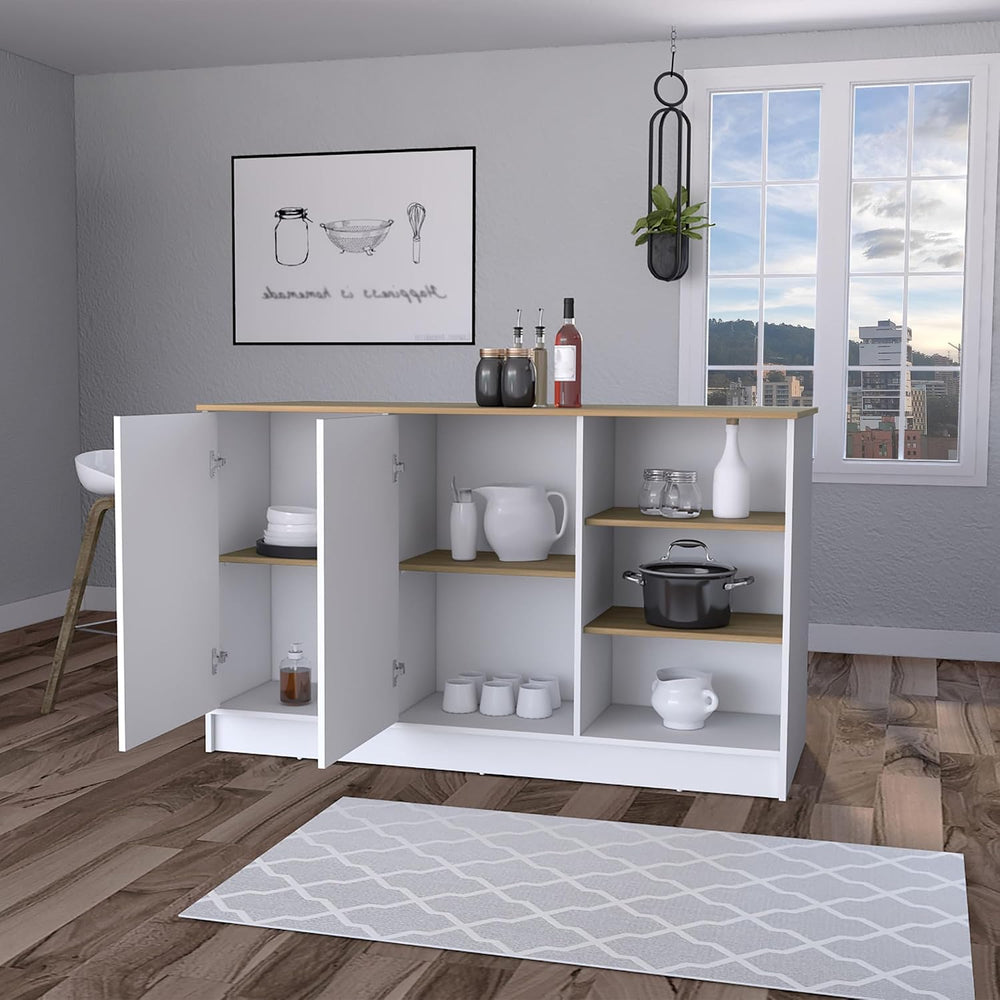 Melamine Kitchen Island with Two Doors and Three Open Shelves | Two doors wit...